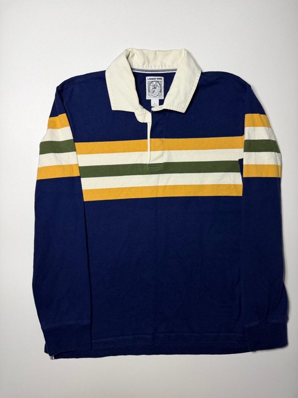 Vintage Lands End Rugby Shirt Mens L Blue Striped Long Sleeve Polo Y2K 2000s NOS